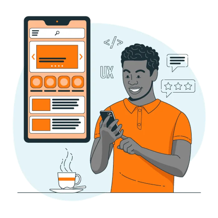 Illustration of a man using his smartphone, with a steaming cup of coffee beside him, immersed in his digital activity.