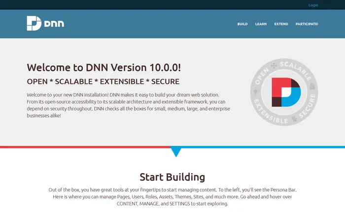 Welcome screenshot of new DNN 10 install